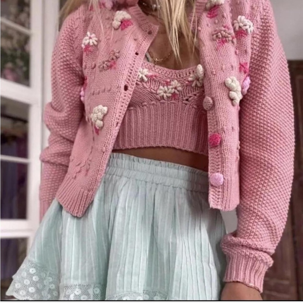 LoveShackFancy NWT Pink Floral Crochet Cardigan - Picture 3 of 8
